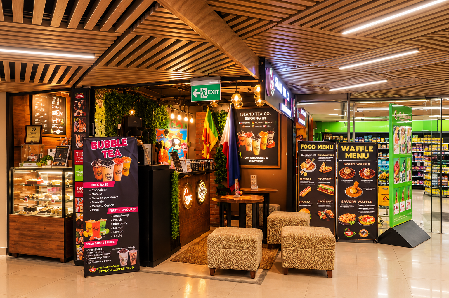 Island Tea Co. and Ceylon Coffee Club kiosk with tea and food menus