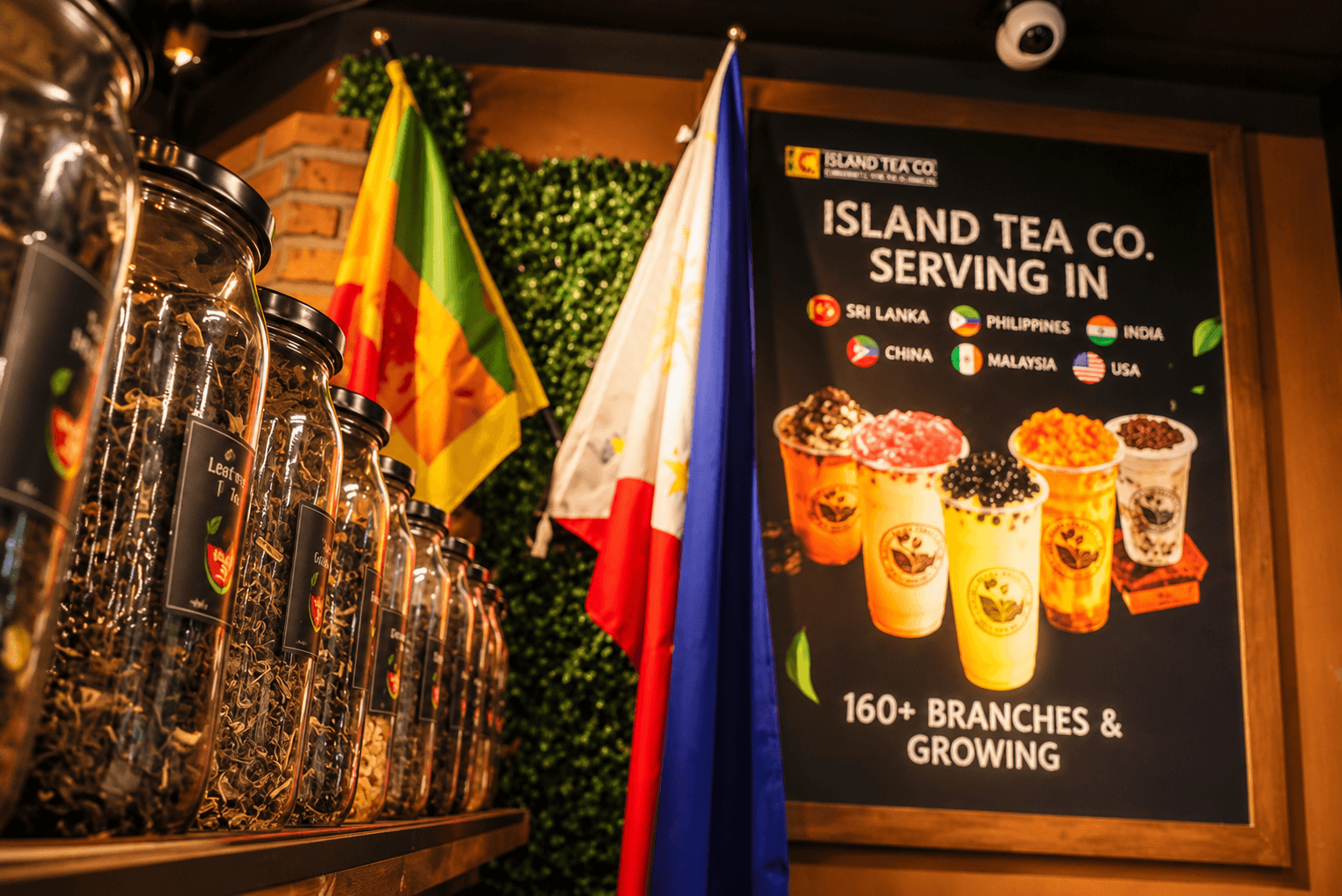 Tea jars beside the Island Tea Co. poster inside the café