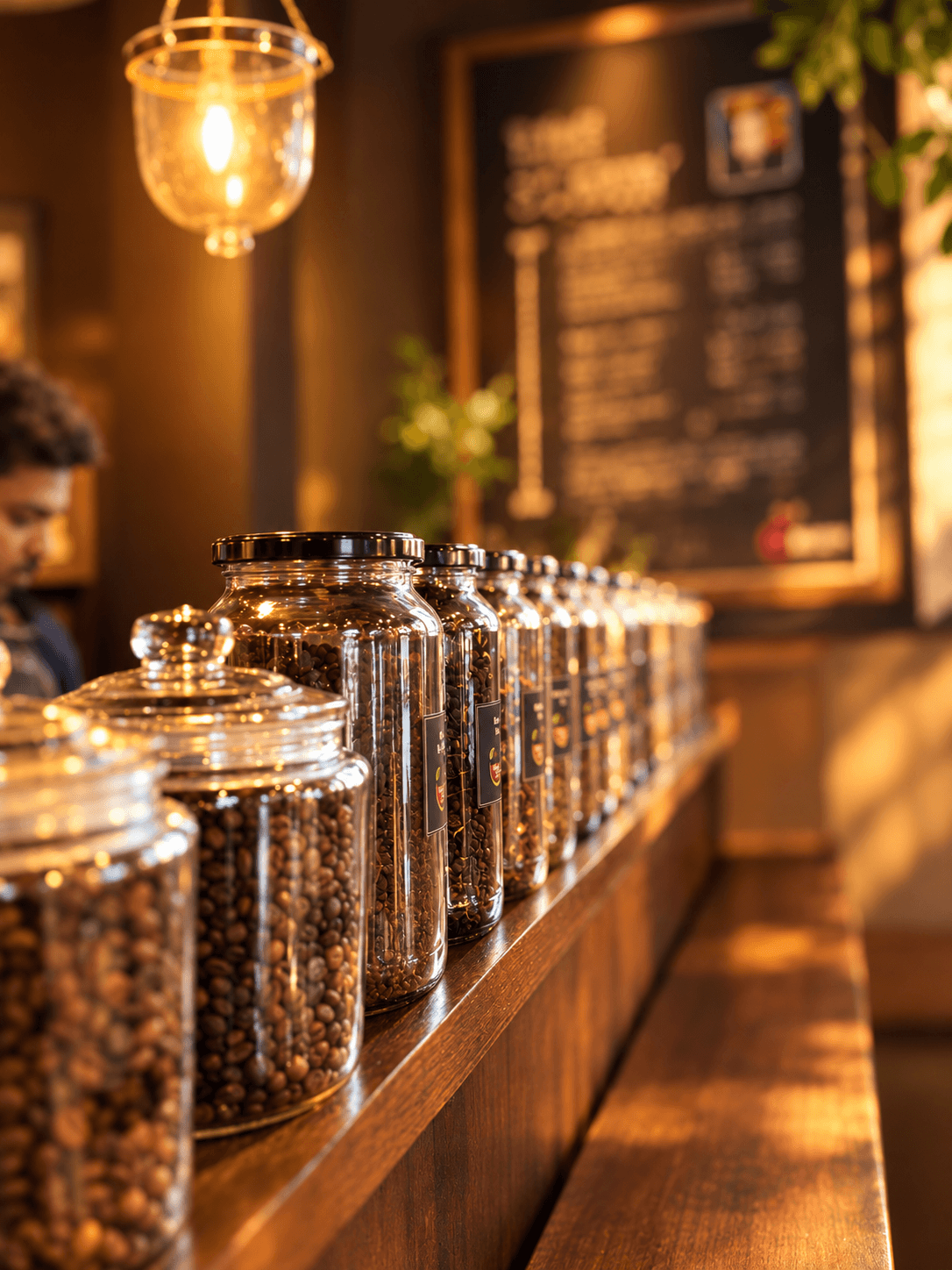 Coffee beans in glass jars on the counter